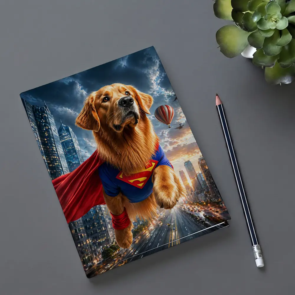 Golden Retriever Superman Flying Over City – Notebooks