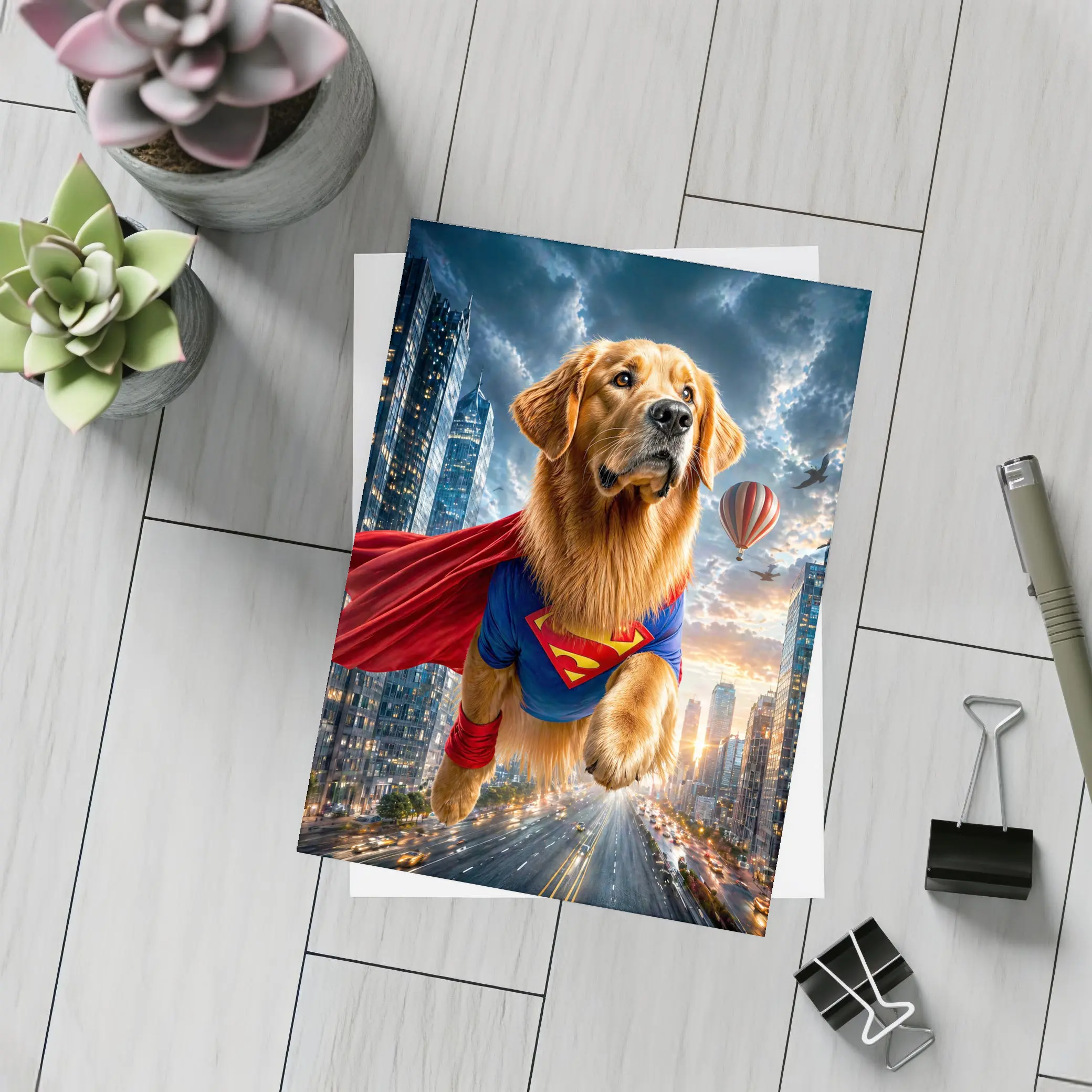 Golden Retriever Superman Flying Over City – Postcards