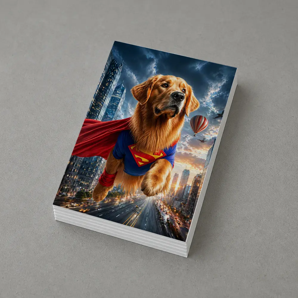 Golden Retriever Superman Flying Over City – Postcards
