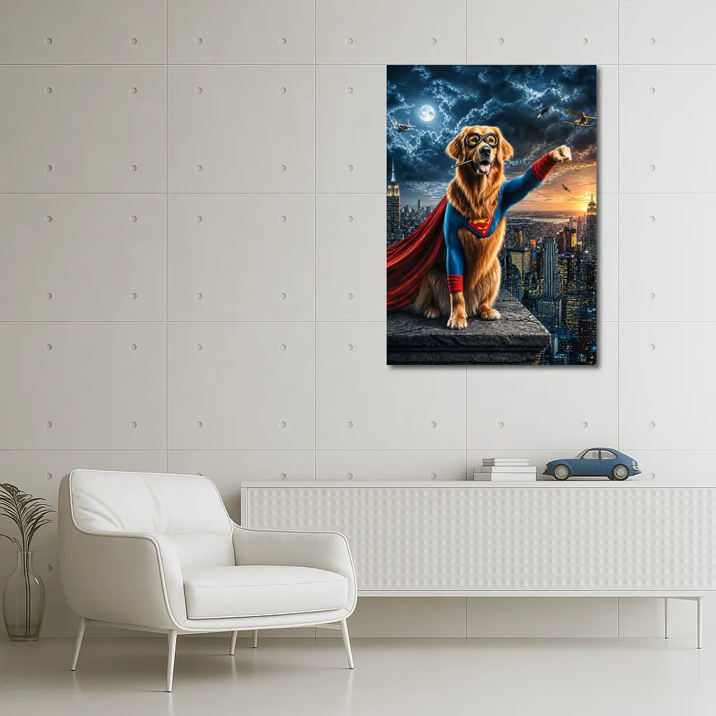 Golden Retriever Superman Hero City Night – Wall Art