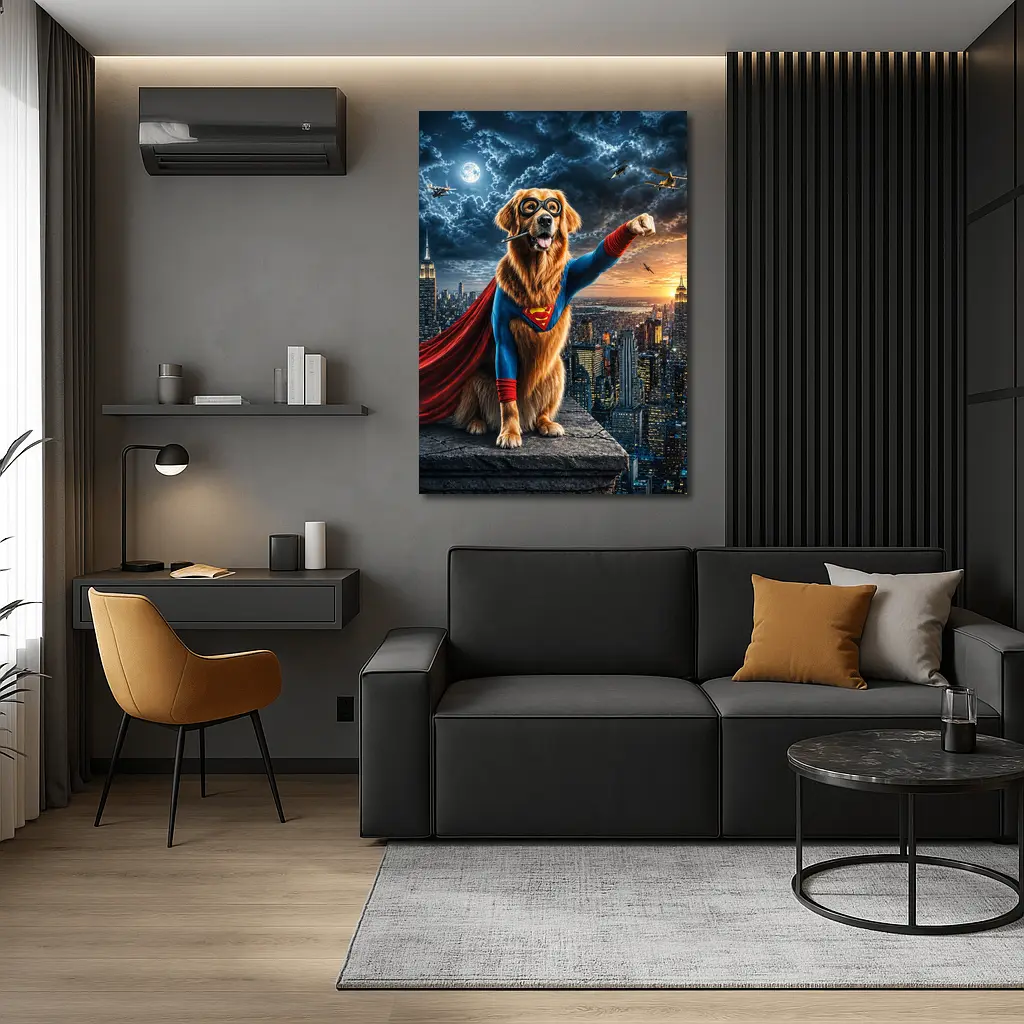 Golden Retriever Superman Hero City Night – Wall Art