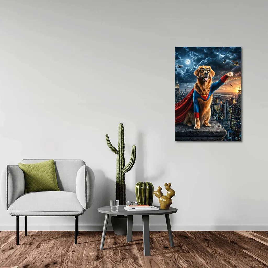Golden Retriever Superman Hero City Night – Wall Art