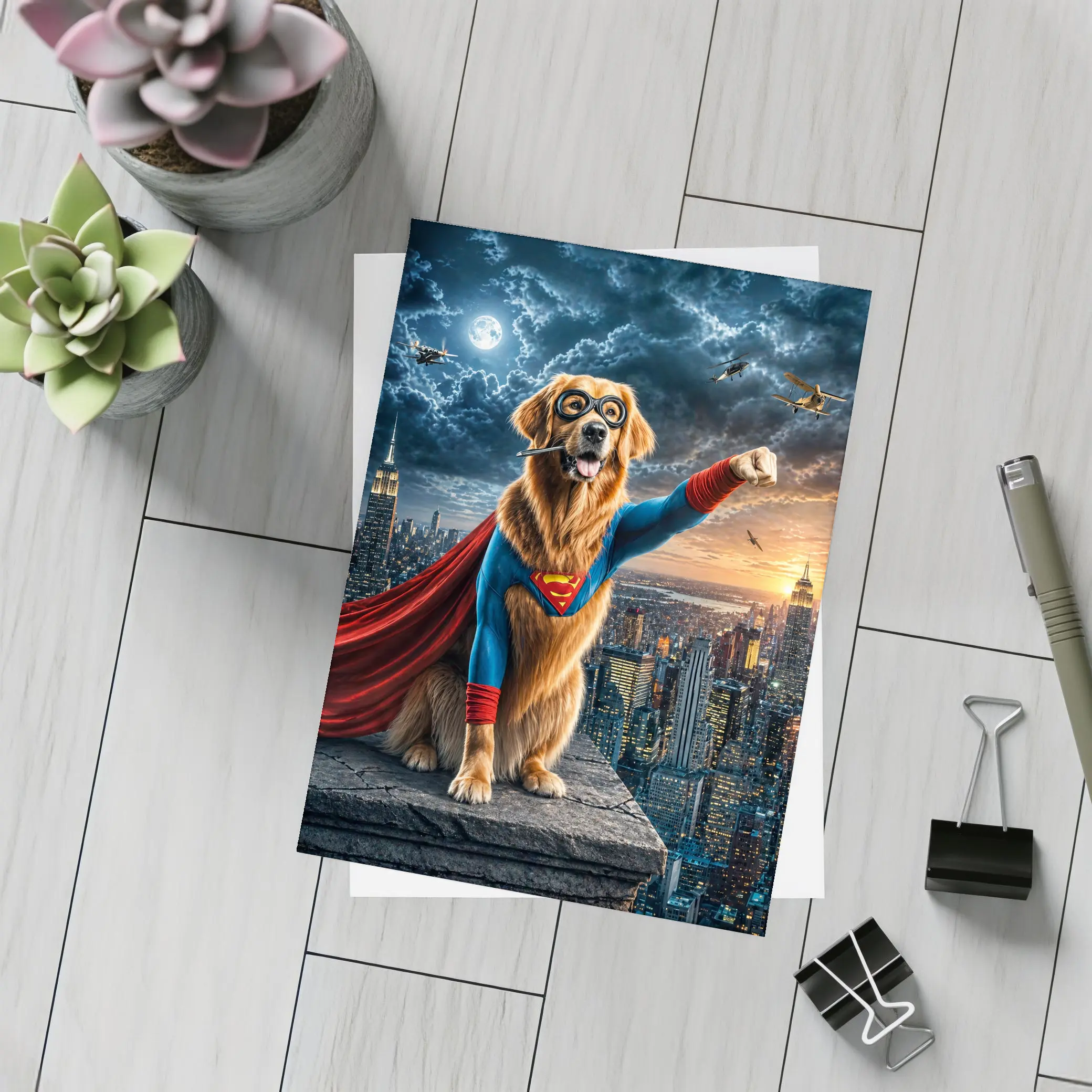 Golden Retriever Superman Hero City Night – Postcards