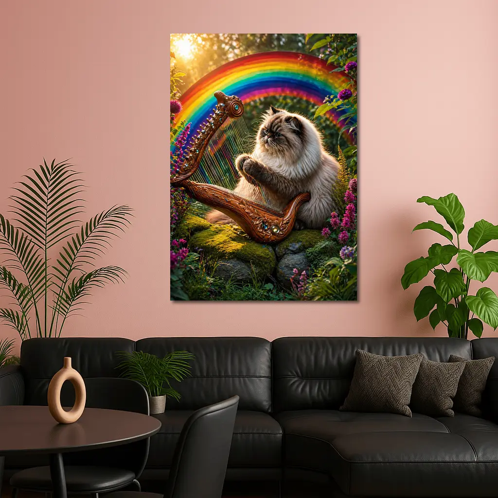 Himalayan Cat Playing Harp Rainbow Garden – Wall Art