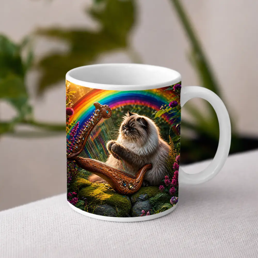 Himalayan Cat Playing Harp Rainbow Garden – Mugs