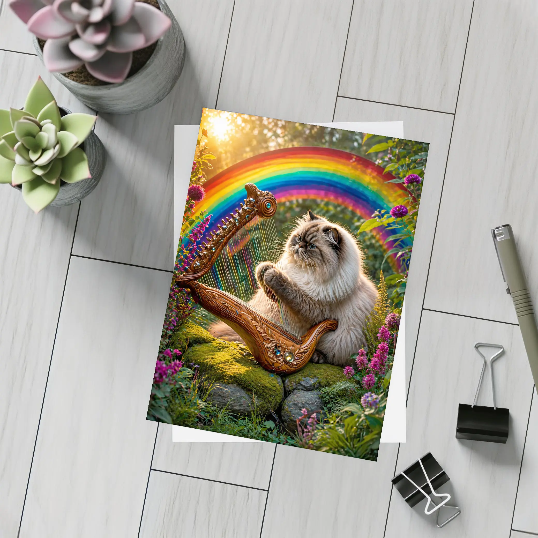 Himalayan Cat Playing Harp Rainbow Garden – Postcards