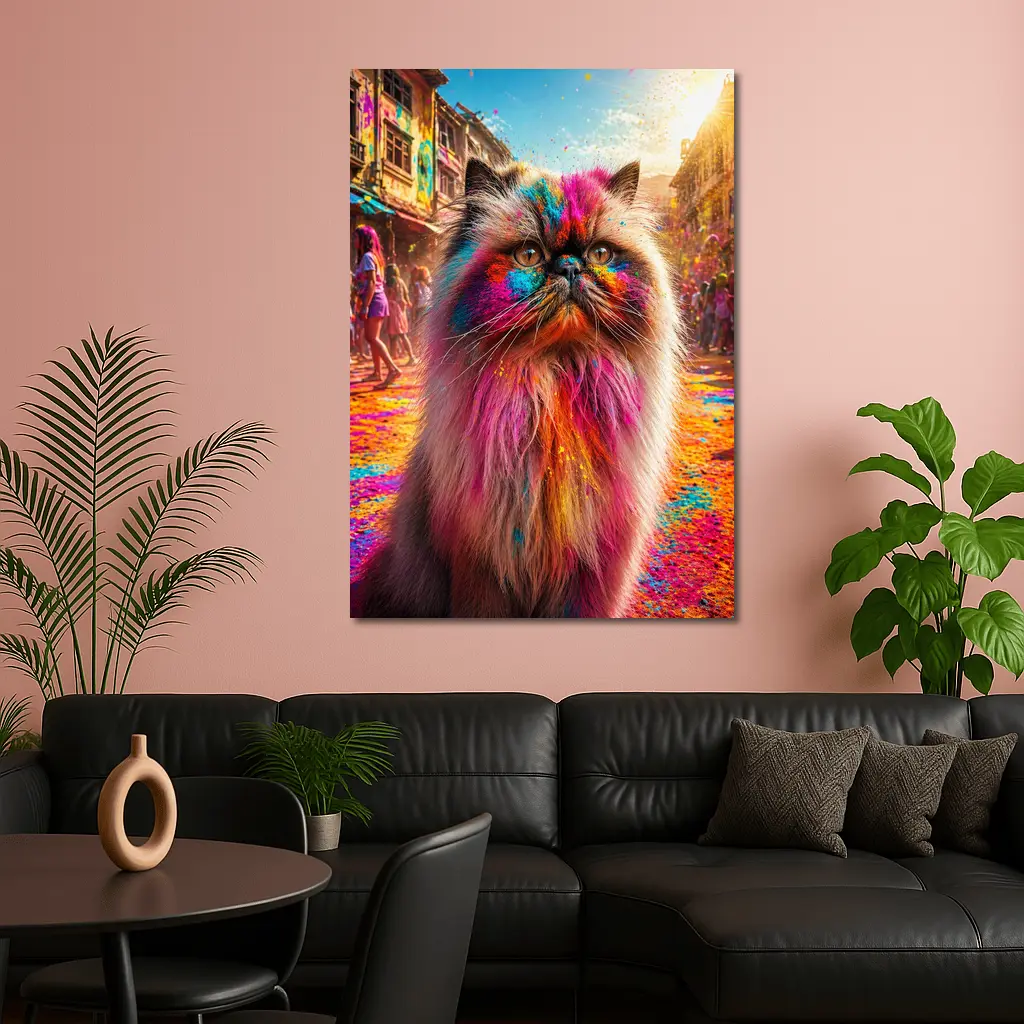 Himalayan Cat Covered in Holi Festival Colors – Wall Art