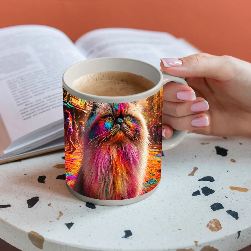 Himalayan Cat Covered in Holi Festival Colors – Mugs