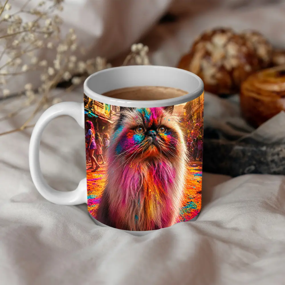Himalayan Cat Covered in Holi Festival Colors – Mugs