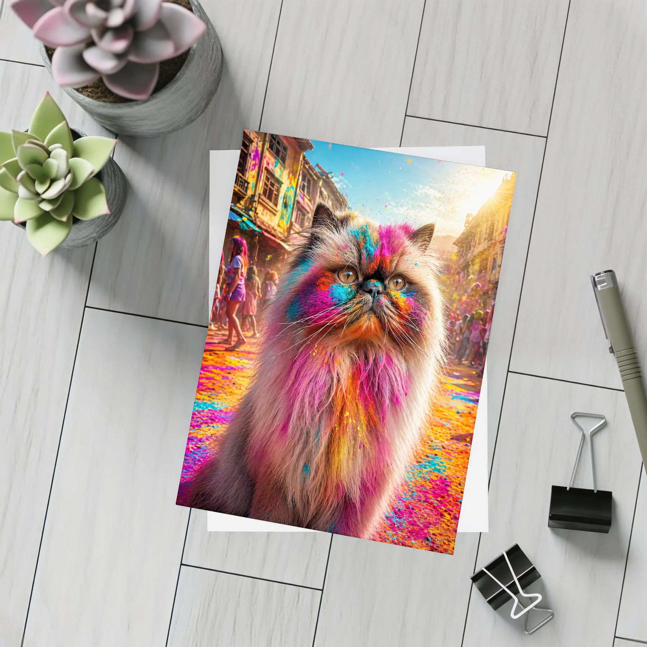 Himalayan Cat Covered in Holi Festival Colors – Postcards