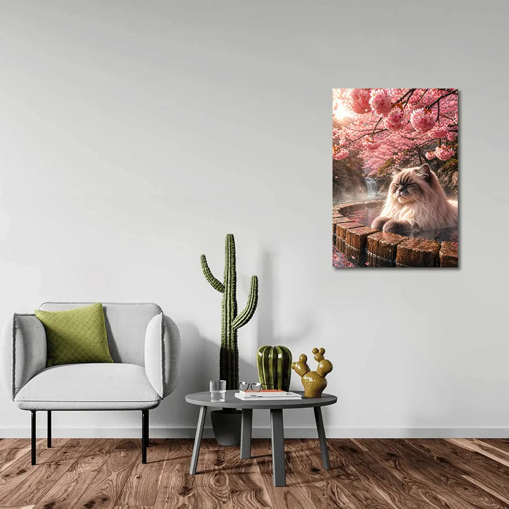 Himalayan Cat Relaxing in Cherry Blossom Onsen – Wall Art