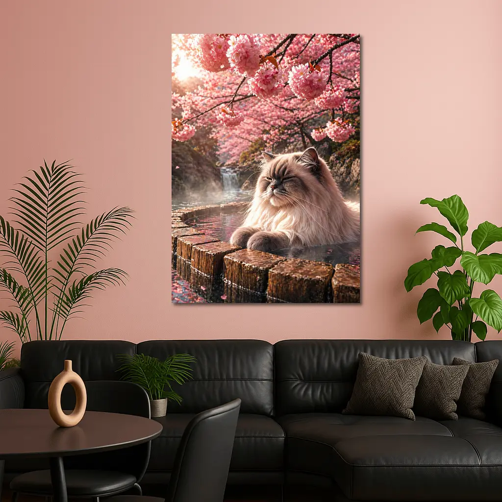 Himalayan Cat Relaxing in Cherry Blossom Onsen – Wall Art