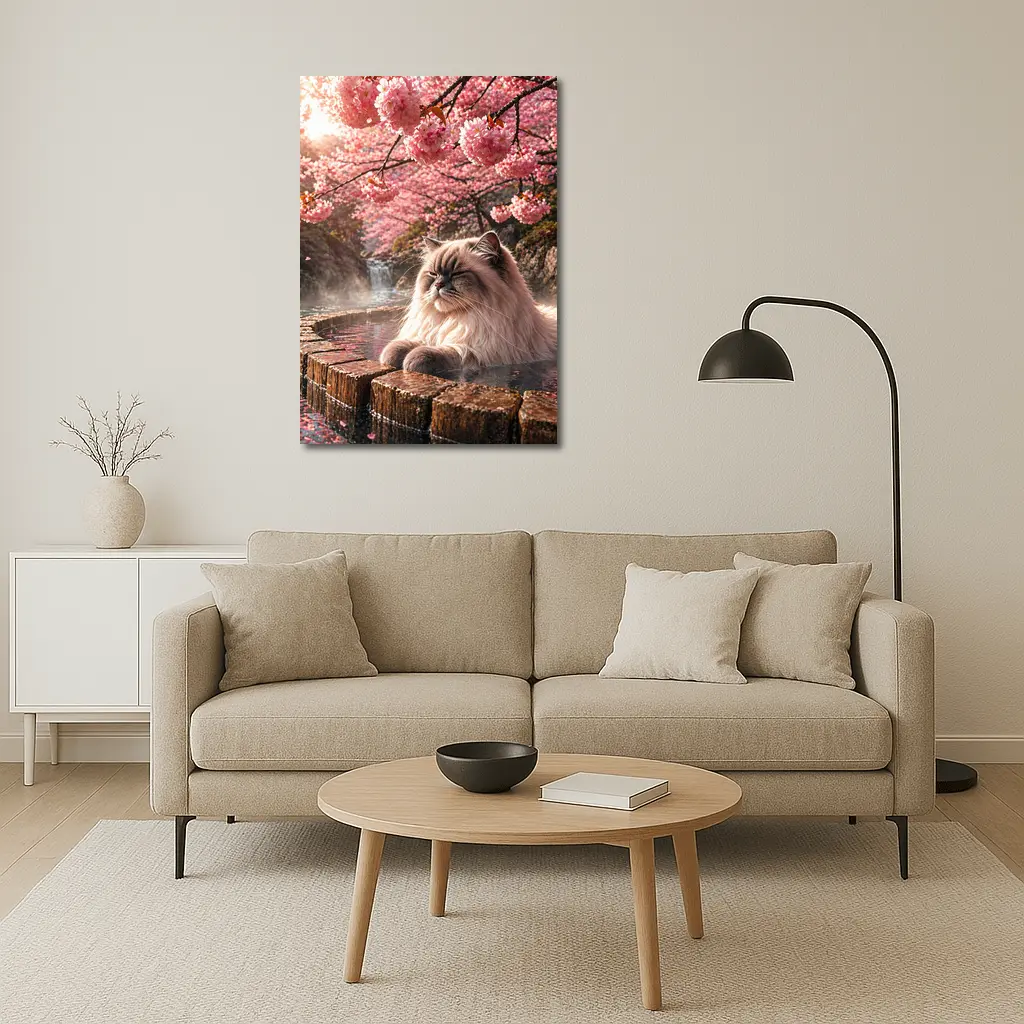 Himalayan Cat Relaxing in Cherry Blossom Onsen – Wall Art