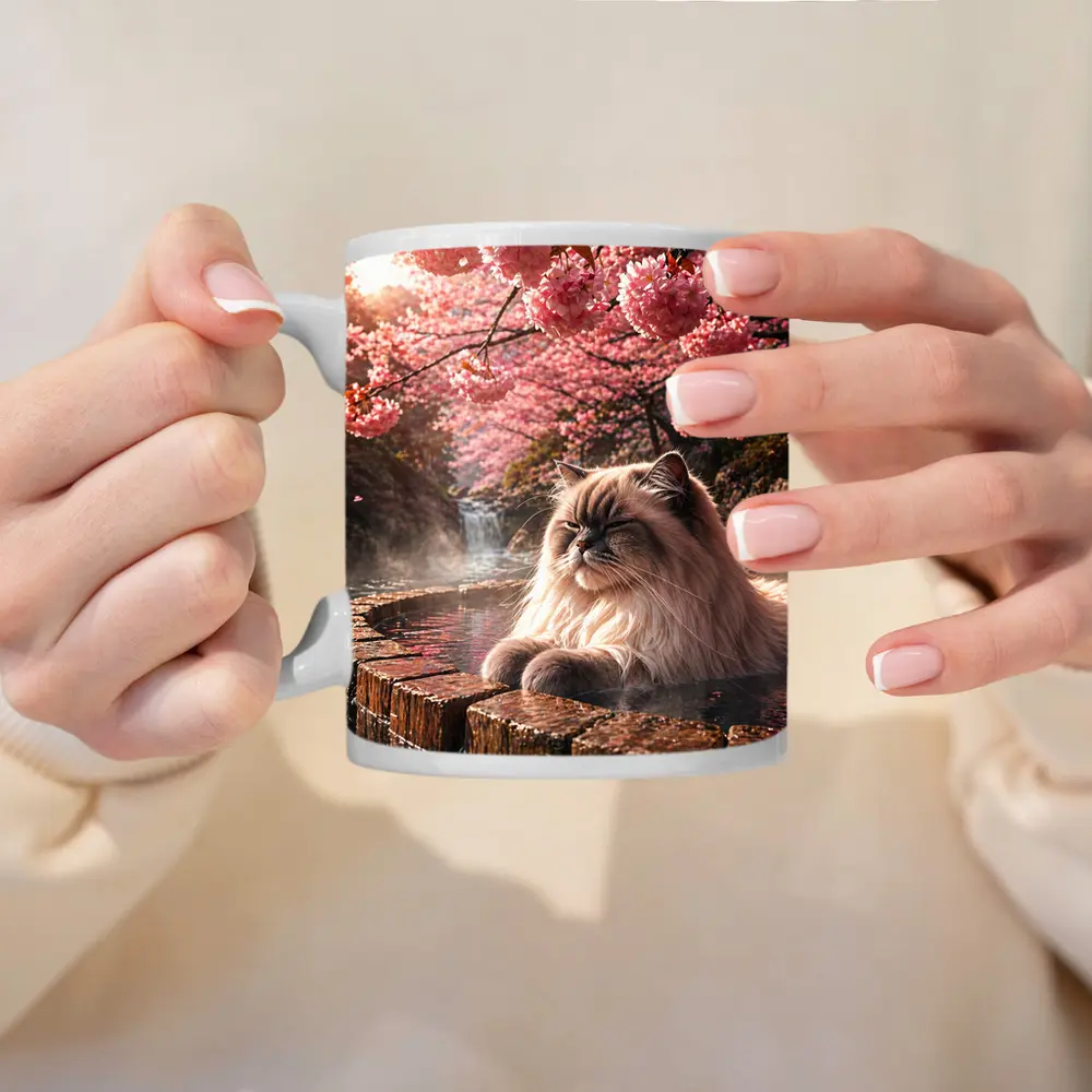 Himalayan Cat Relaxing in Cherry Blossom Onsen – Mugs