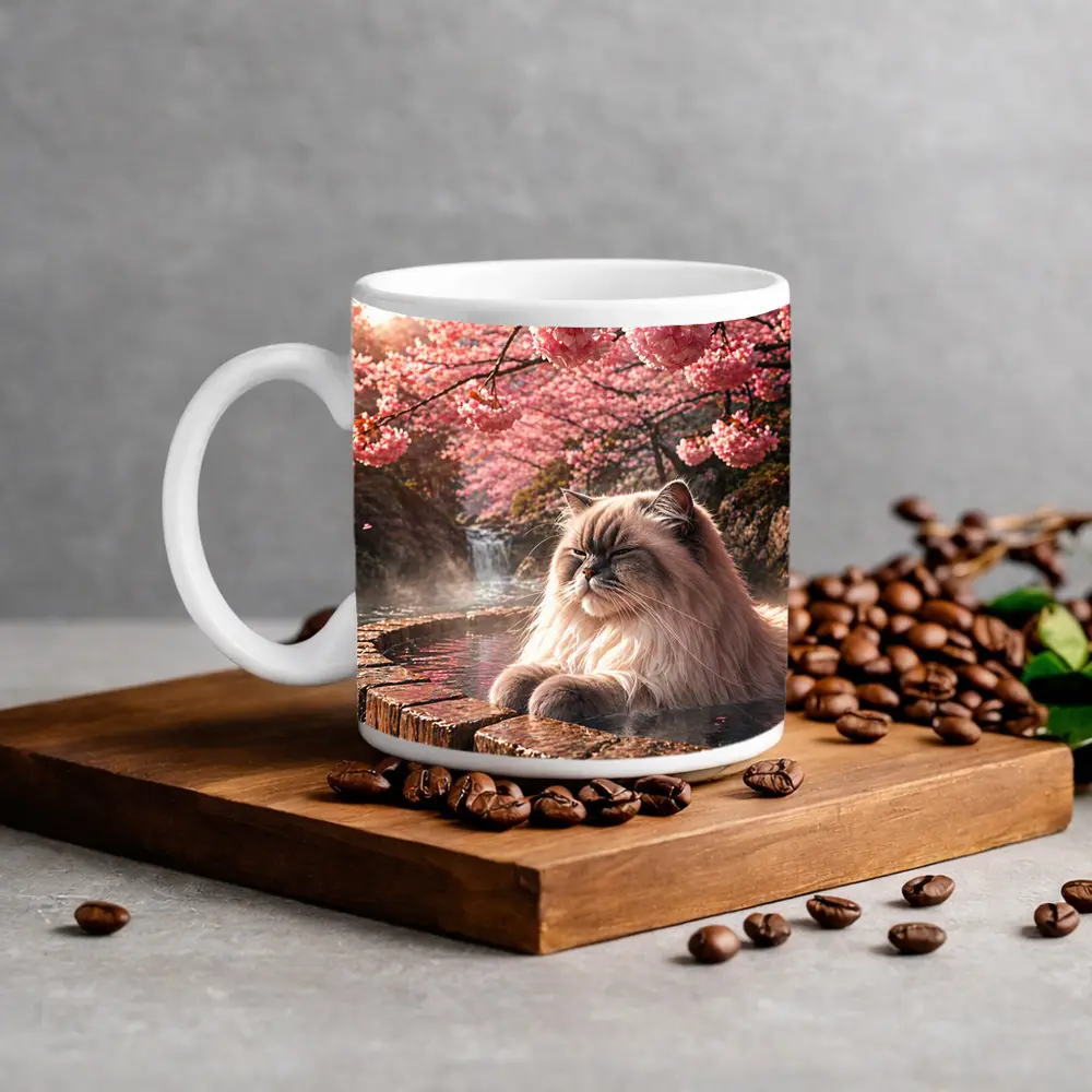 Himalayan Cat Relaxing in Cherry Blossom Onsen – Mugs