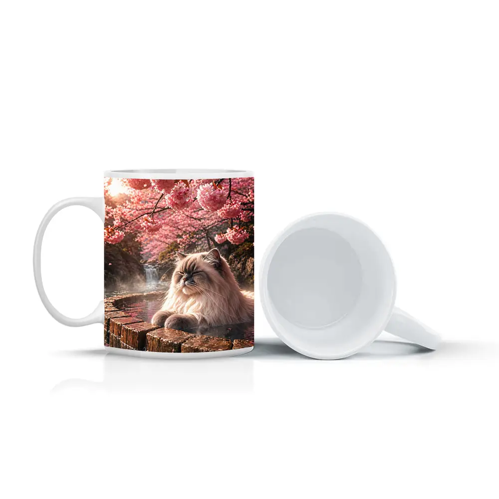 Himalayan Cat Relaxing in Cherry Blossom Onsen – Mugs