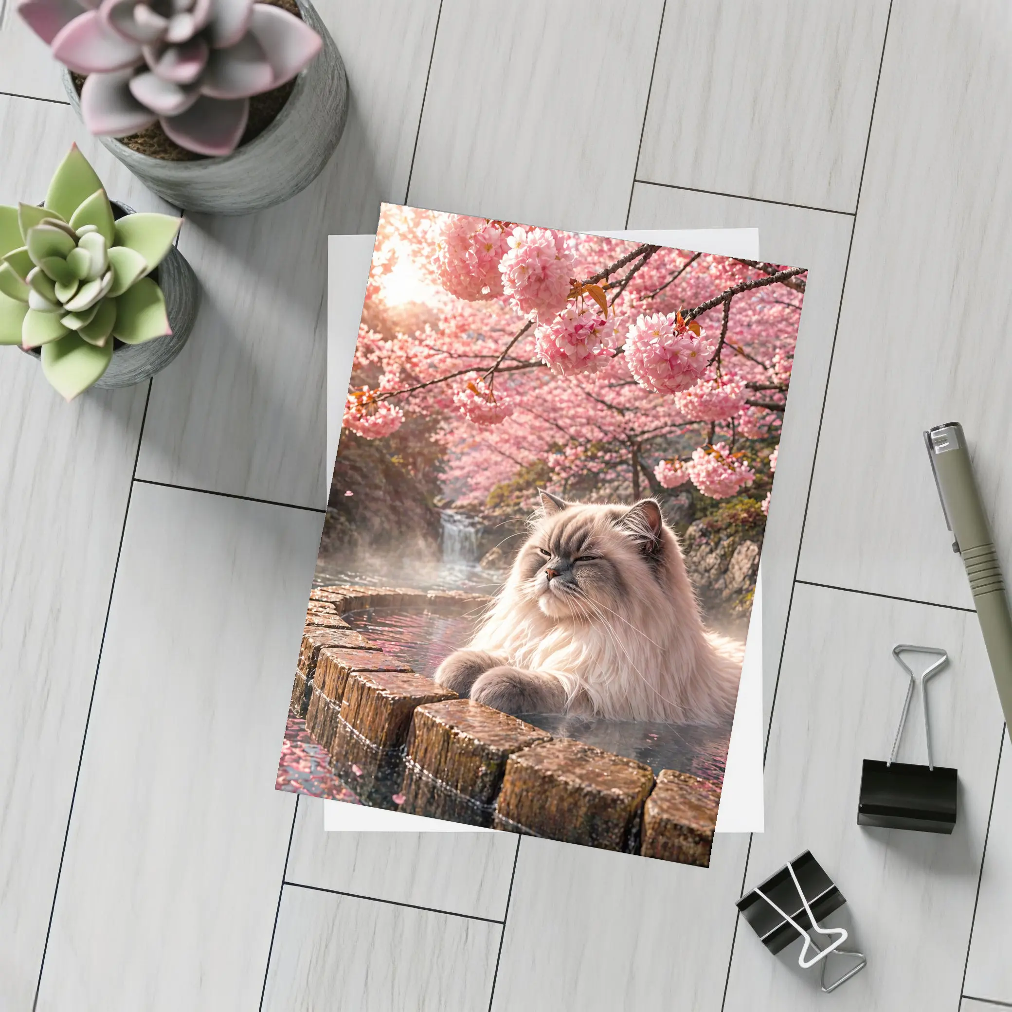 Himalayan Cat Relaxing in Cherry Blossom Onsen – Postcards