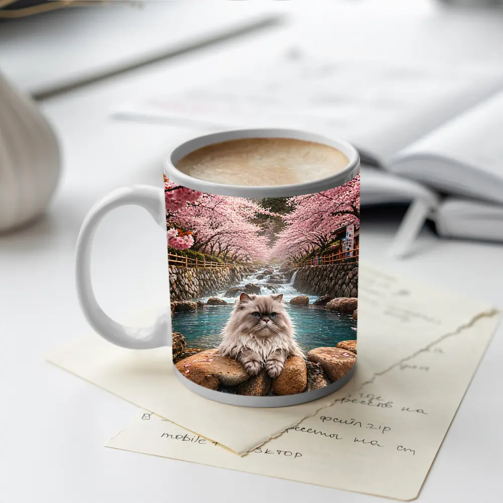 Himalayan Cat Relaxing Among Cherry Blossoms – Mugs
