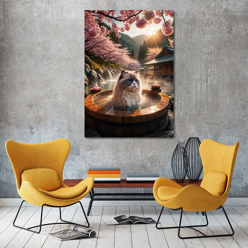 Ragdoll Cat Relaxing in Japanese Hot Spring – Wall Art