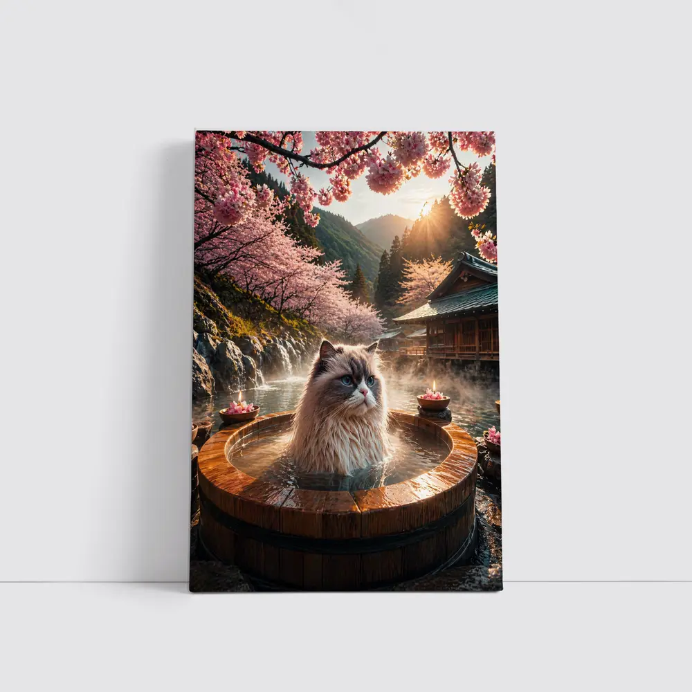 Ragdoll Cat Relaxing in Japanese Hot Spring – Wall Art