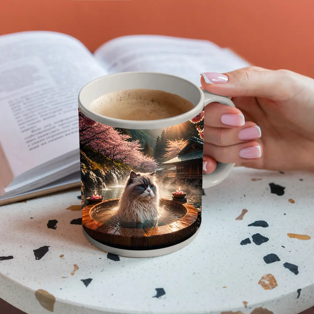 Ragdoll Cat Relaxing in Japanese Hot Spring – Mugs