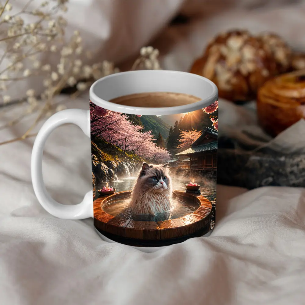 Ragdoll Cat Relaxing in Japanese Hot Spring – Mugs