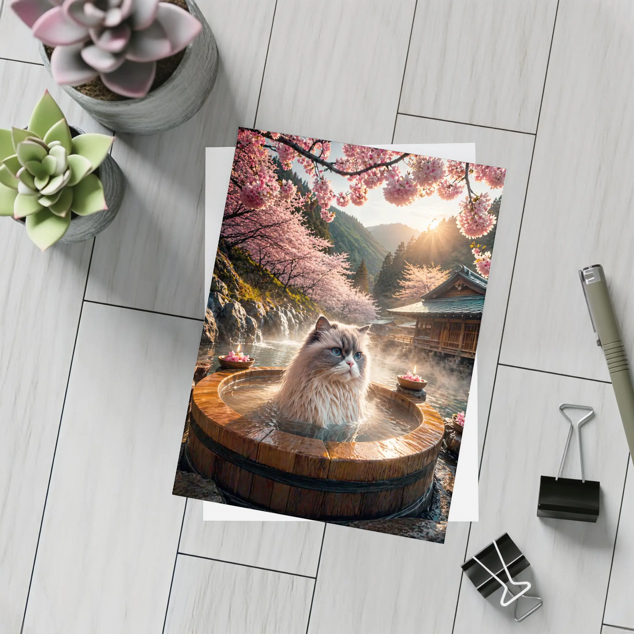 Ragdoll Cat Relaxing in Japanese Hot Spring – Postcards