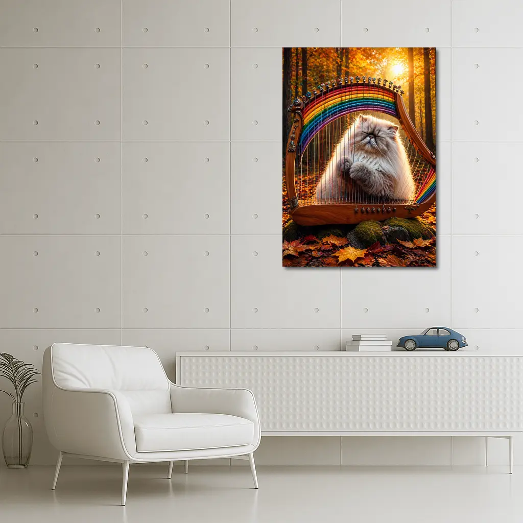 Himalayan Cat Playing Rainbow Harp Autumn Forest – Wall Art
