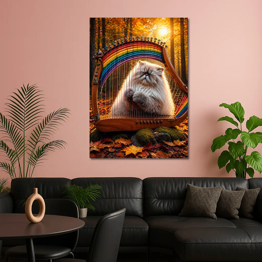 Himalayan Cat Playing Rainbow Harp Autumn Forest – Wall Art