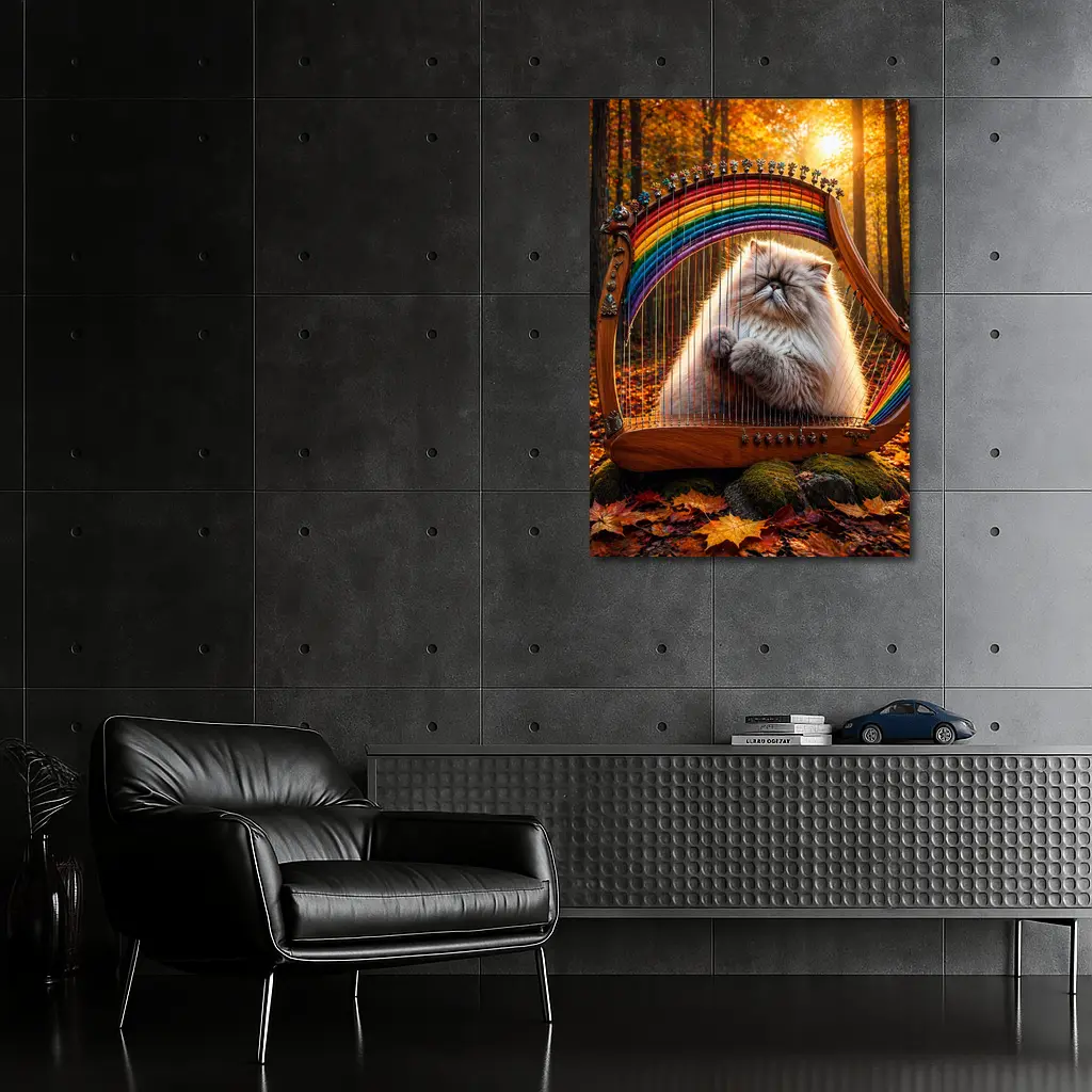 Himalayan Cat Playing Rainbow Harp Autumn Forest – Wall Art