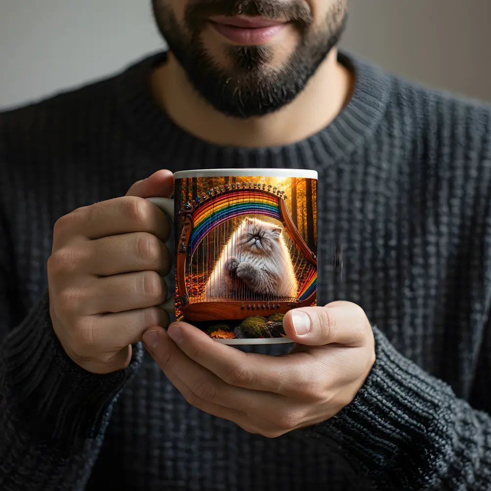Himalayan Cat Playing Rainbow Harp Autumn Forest – Mugs