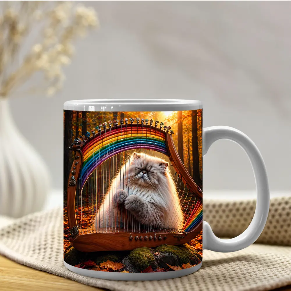 Himalayan Cat Playing Rainbow Harp Autumn Forest – Mugs