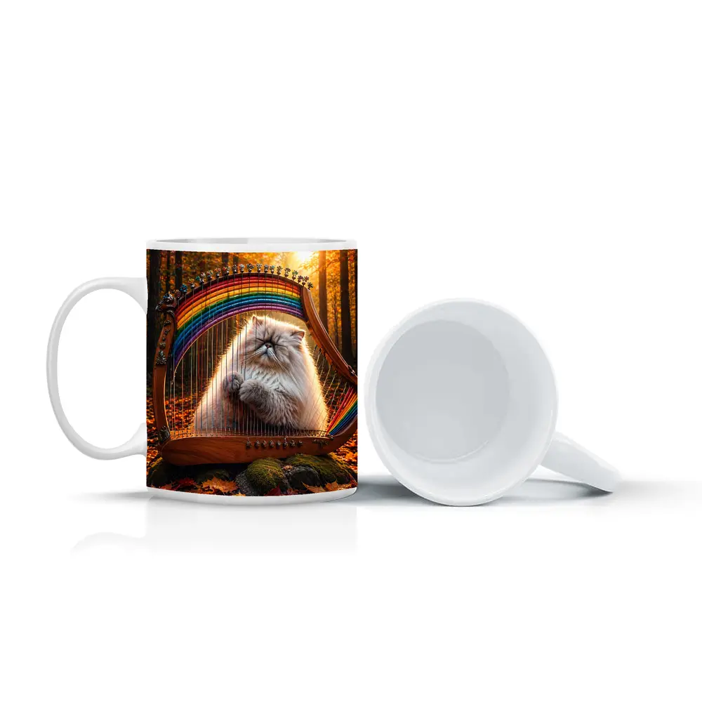 Himalayan Cat Playing Rainbow Harp Autumn Forest – Mugs