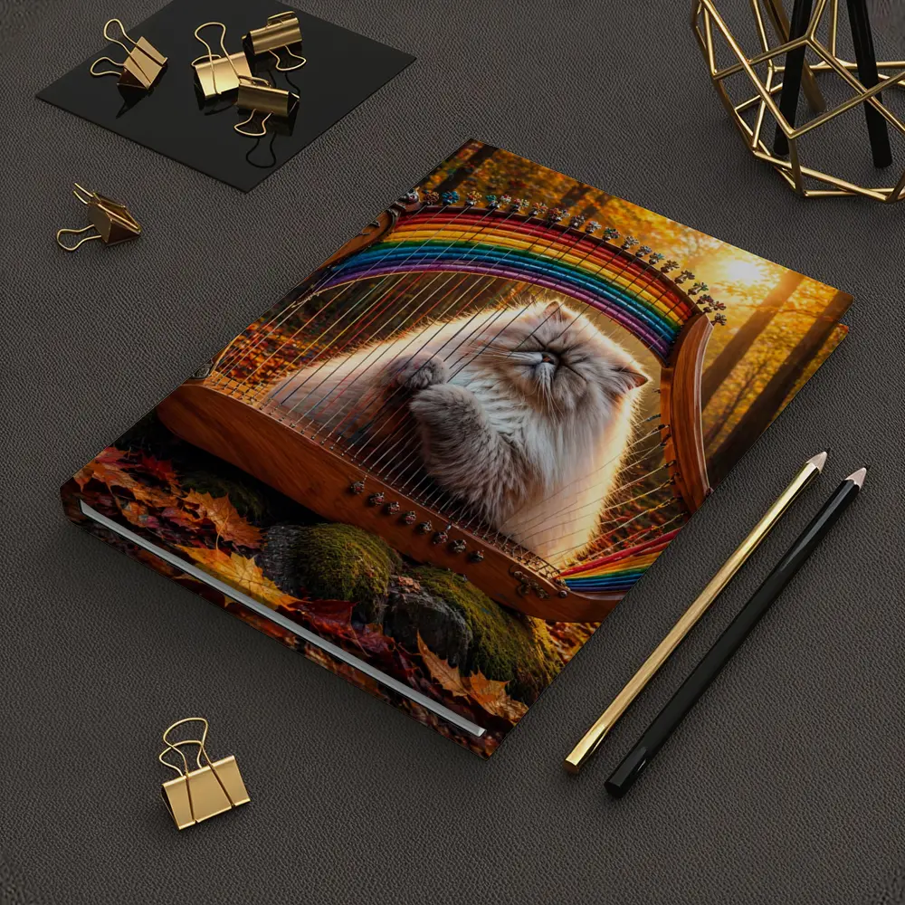 Himalayan Cat Playing Rainbow Harp Autumn Forest – Notebooks
