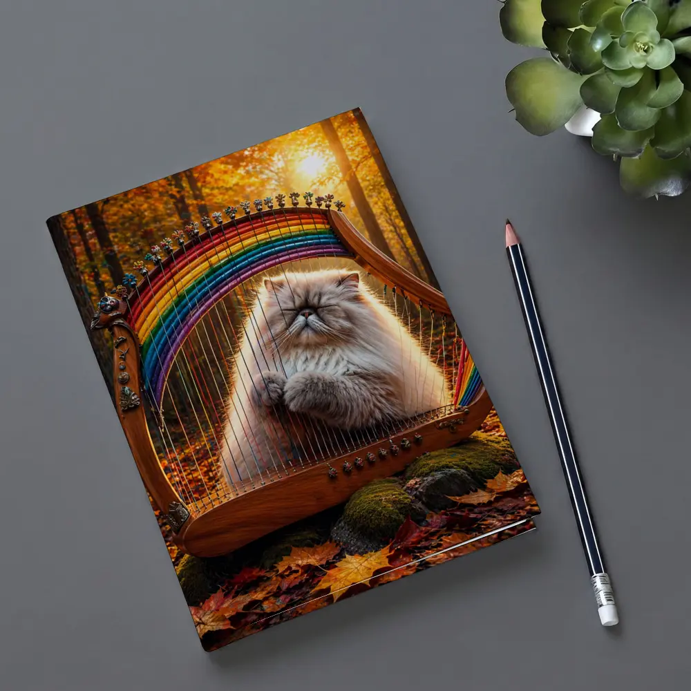 Himalayan Cat Playing Rainbow Harp Autumn Forest – Notebooks