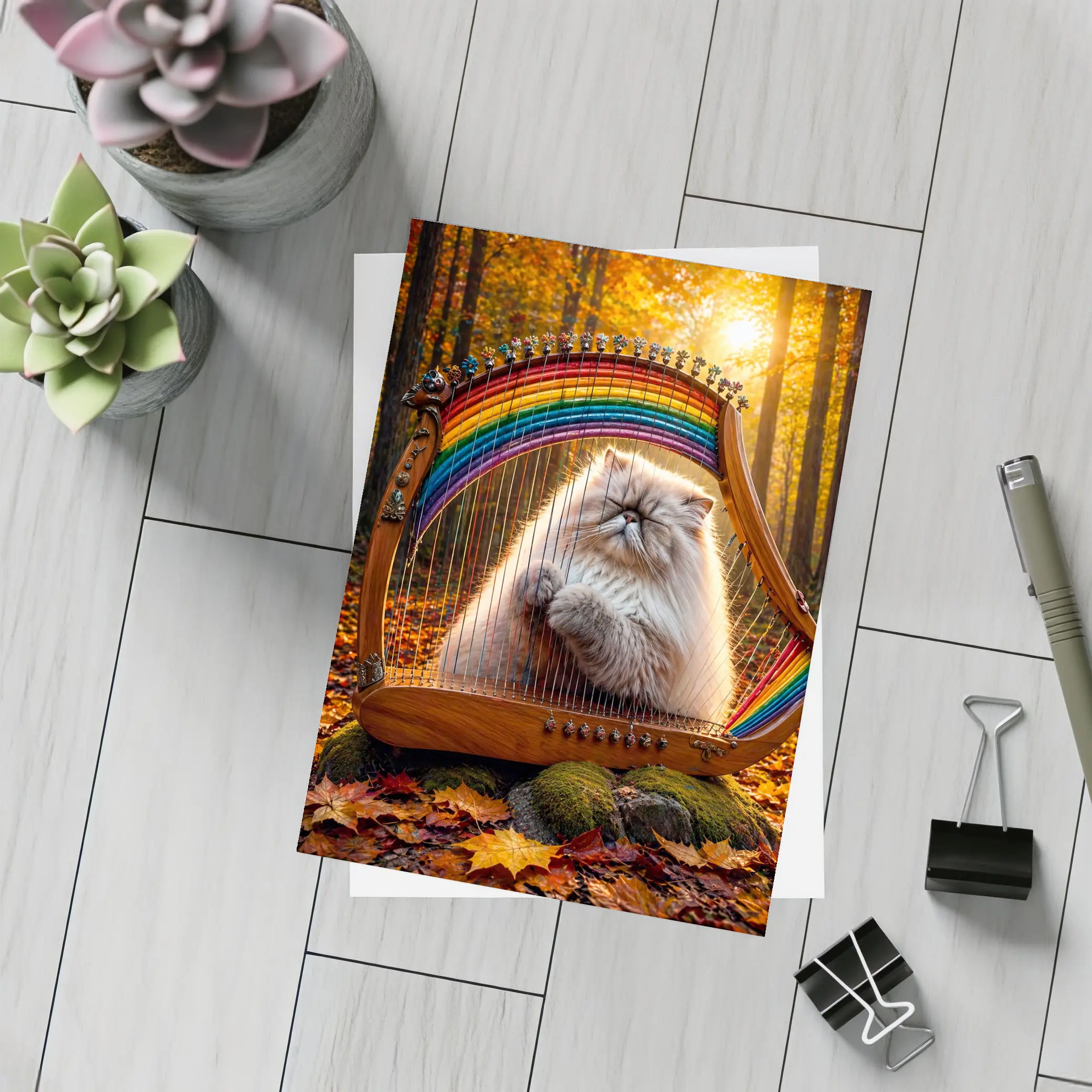 Himalayan Cat Playing Rainbow Harp Autumn Forest – Postcards