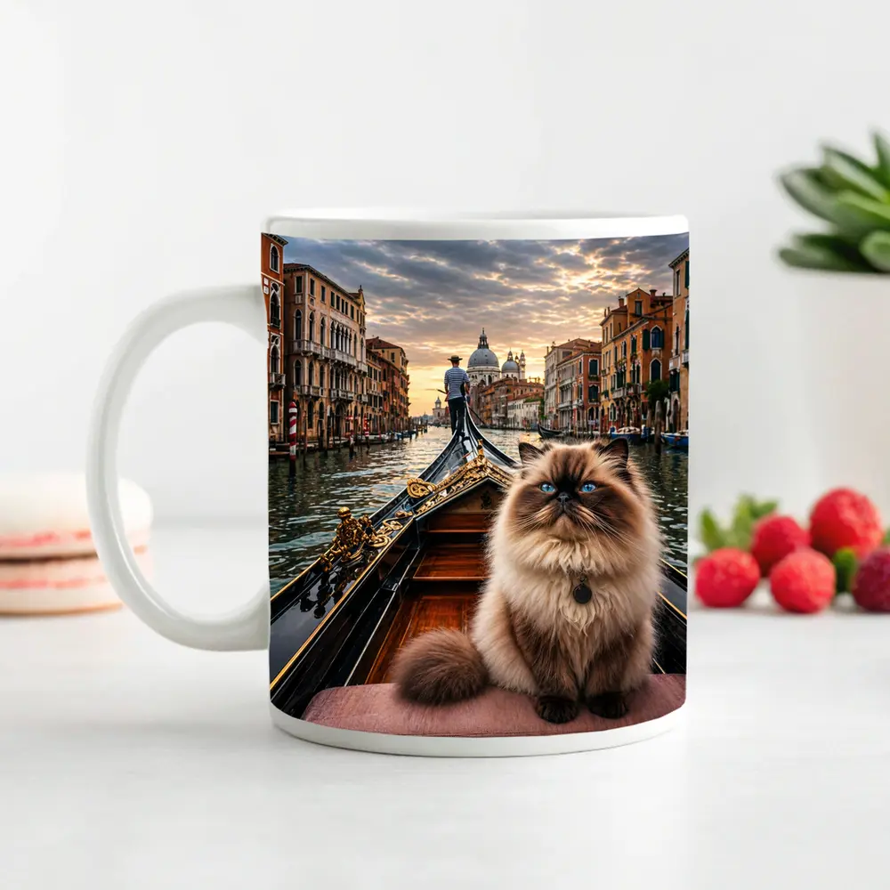 Himalayan Cat on Venice Gondola Canal – Mugs