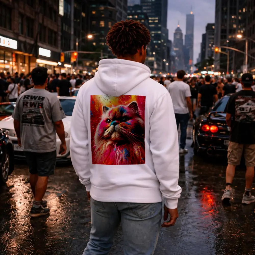 Persian Cat Covered in Colorful Holi Powder – Hoodies