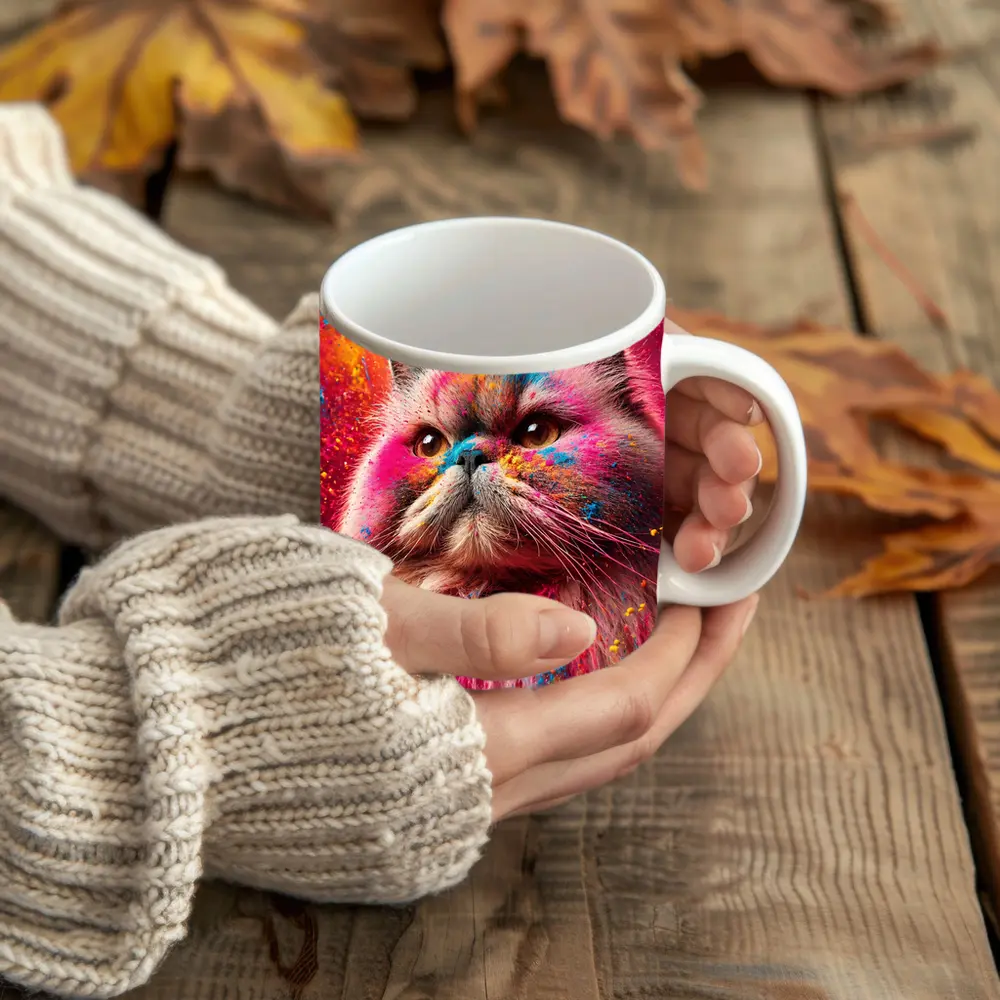 Persian Cat Covered in Colorful Holi Powder – Mugs