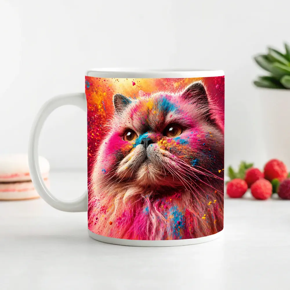 Persian Cat Covered in Colorful Holi Powder – Mugs
