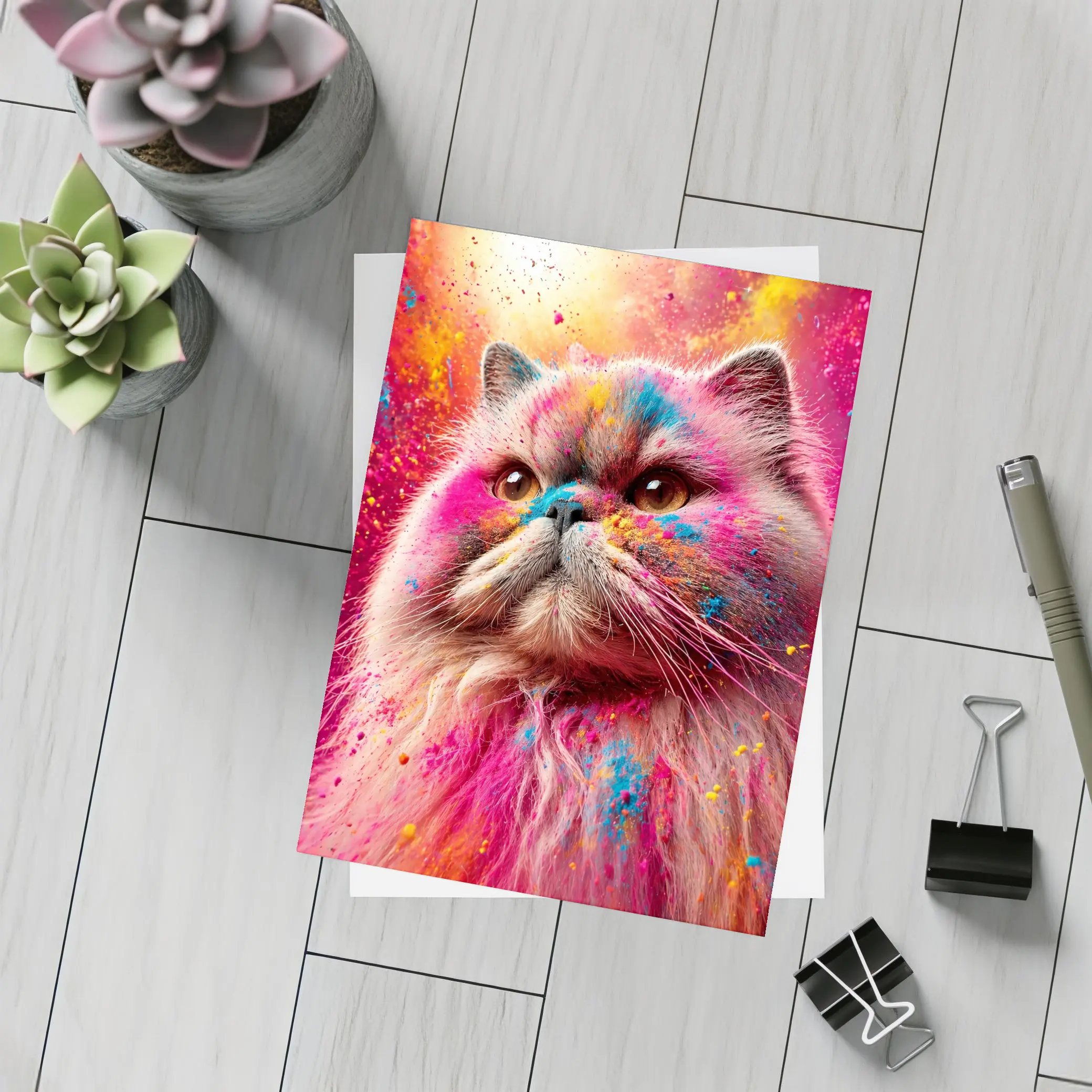 Persian Cat Covered in Colorful Holi Powder – Postcards
