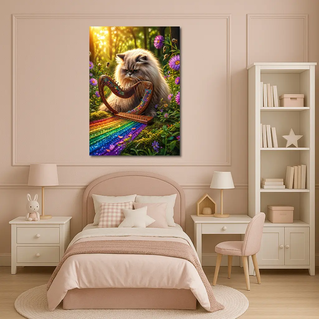 Himalayan Cat Playing Harp Forest Garden – Wall Art