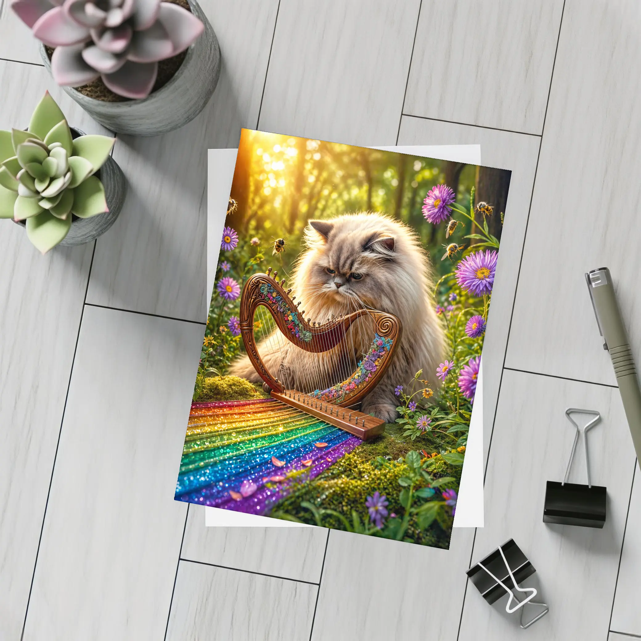 Himalayan Cat Playing Harp Forest Garden – Postcards