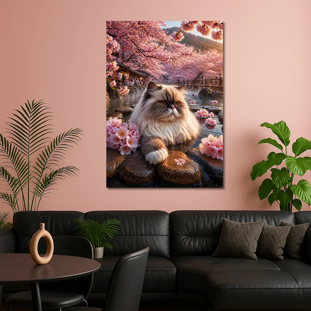 Himalayan Cat Cherry Blossoms Japanese Hot Springs – Wall Art