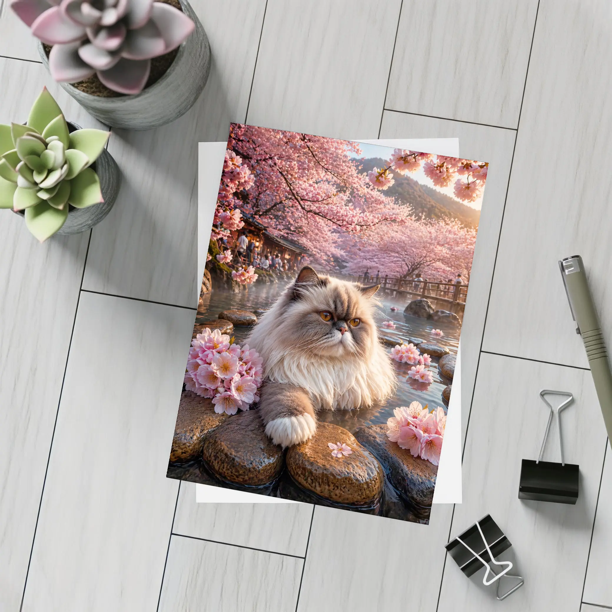 Himalayan Cat Cherry Blossoms Japanese Hot Springs – Postcards