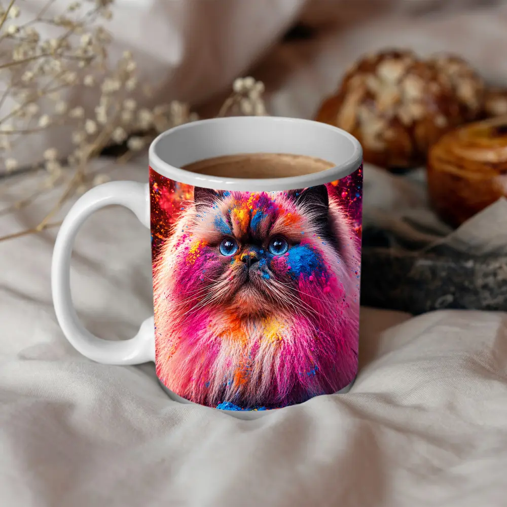 Himalayan Cat Covered In Colorful Holi Powder – Mugs