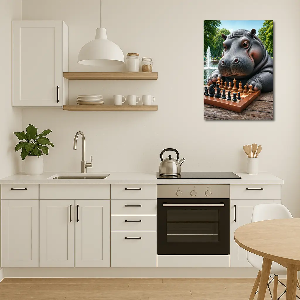 Hippo Playing Chess in Sunny Park – Wall Art