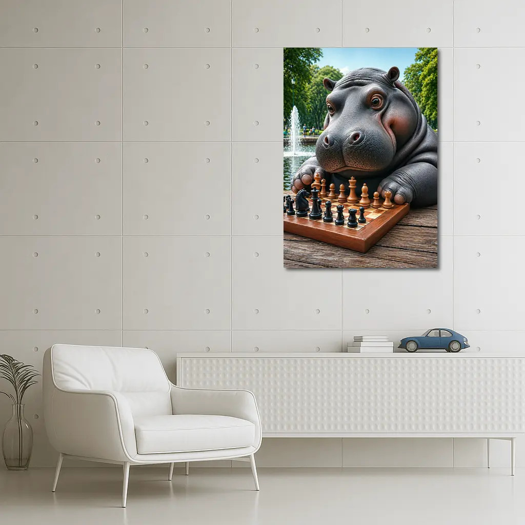 Hippo Playing Chess in Sunny Park – Wall Art