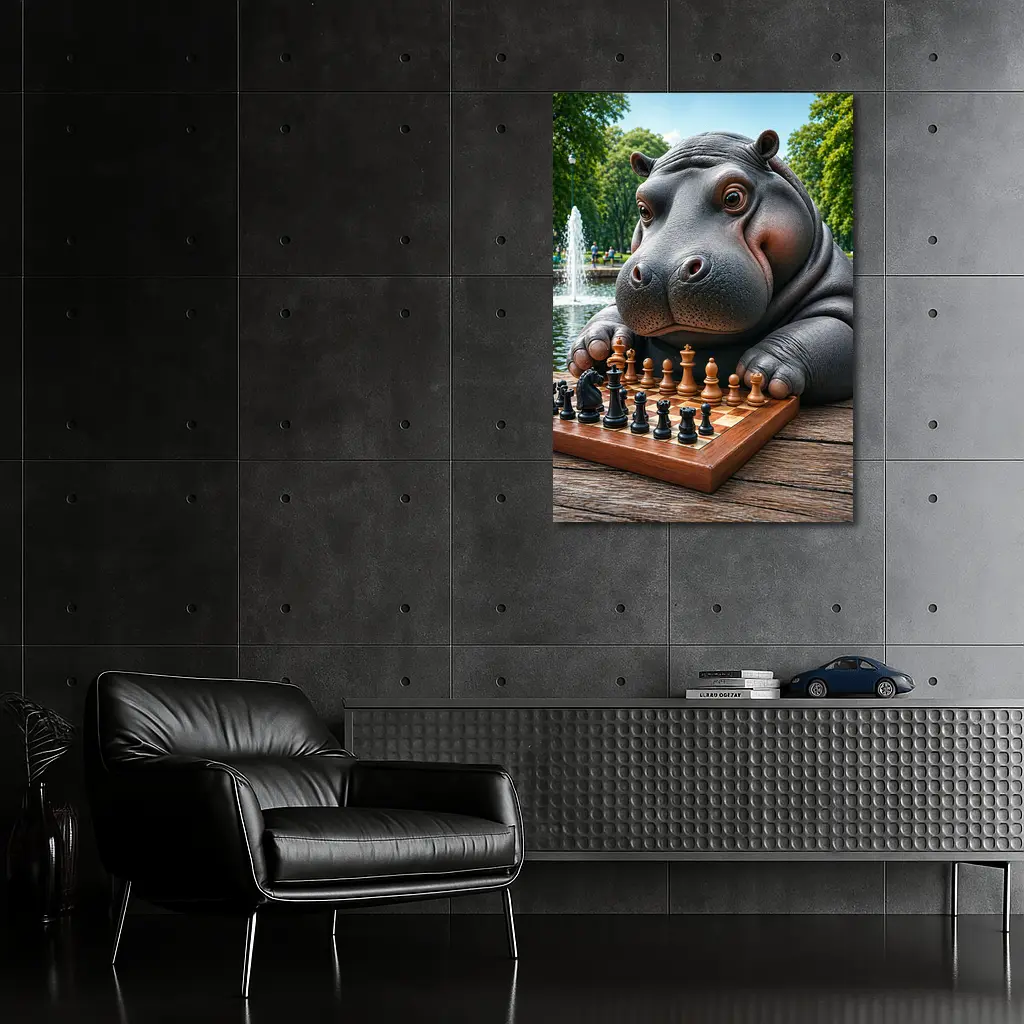 Hippo Playing Chess in Sunny Park – Wall Art