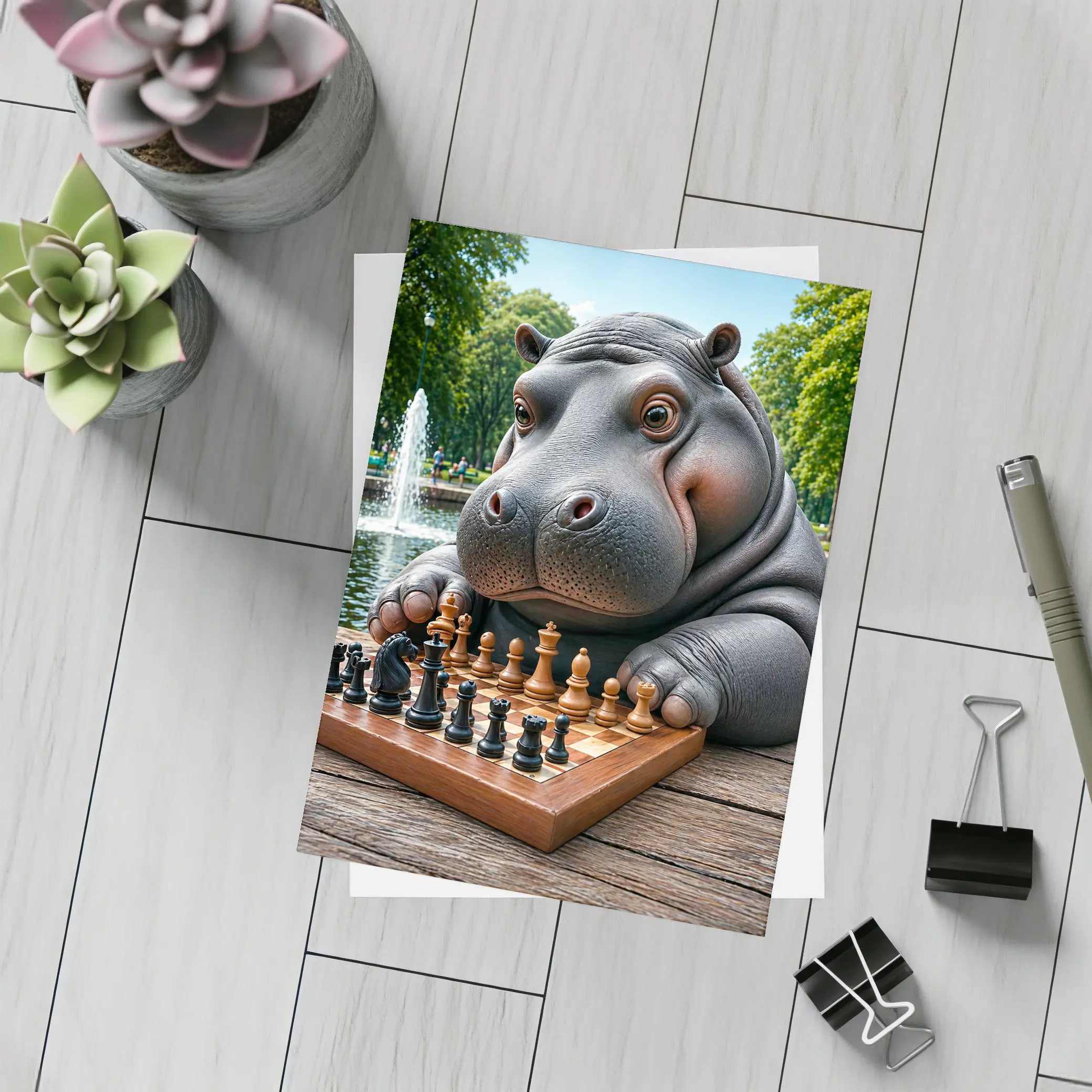Hippo Playing Chess in Sunny Park – Postcards
